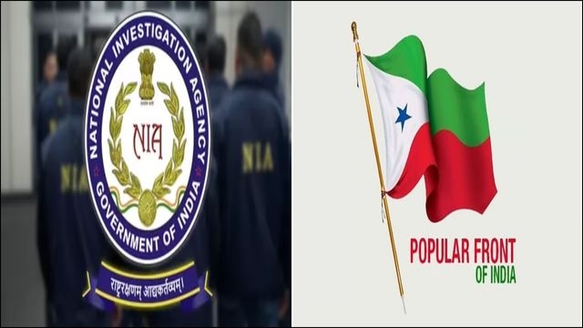 Composite image showing National Investigation Agency officers and emblem alongside the Popular Front of India flag, symbolising investigation into organisation.