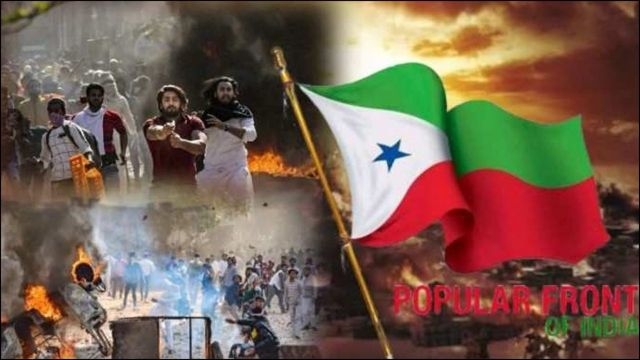 Composite image showing anti-Hindu Delhi riots of 2020 on left, and the Popular Front of India flag on the right.