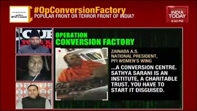 Television news graphic titled Operation Conversion Factory, showing panel discussion and quoted statement alleging covert conversion activities by Popular Front of India (PFI).