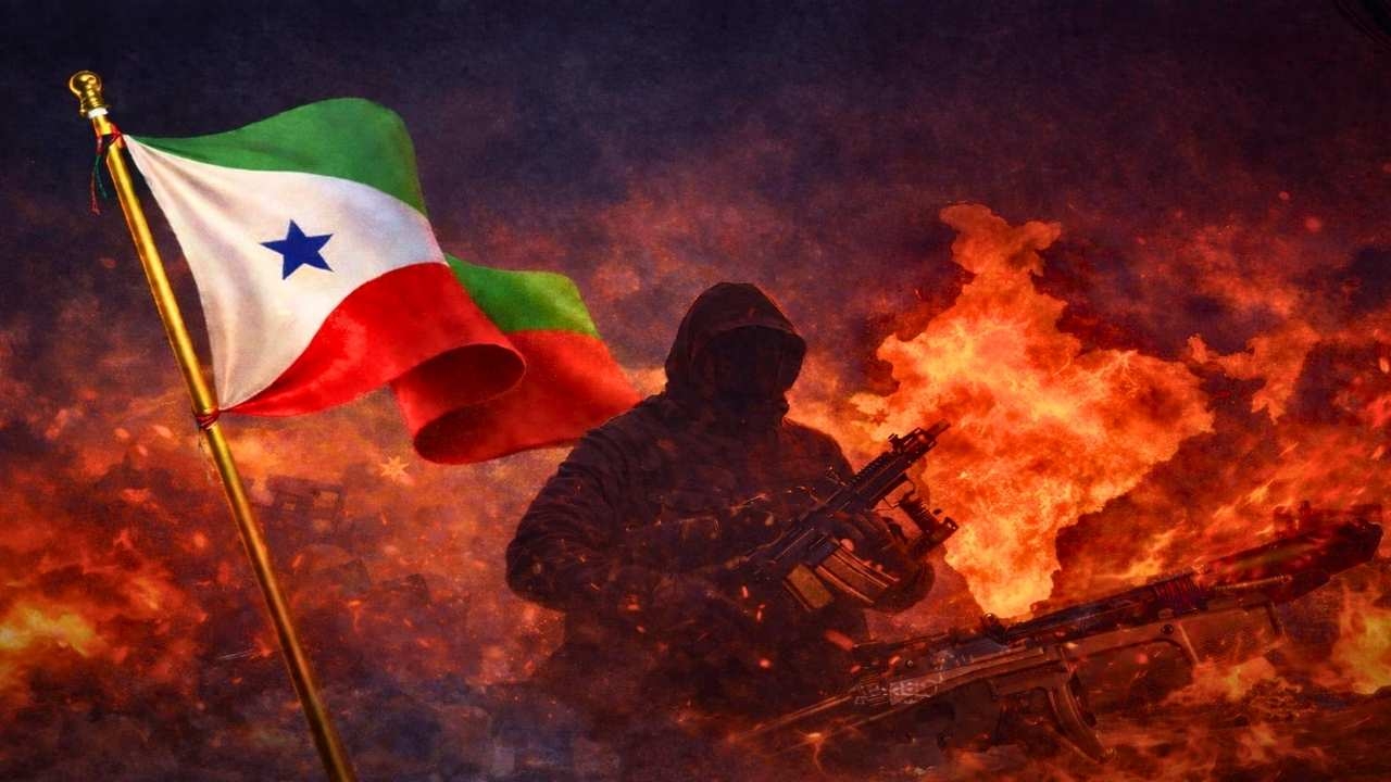 A hooded armed militant stands amid flames beside the Popular Front of India (PFI) flag, depicting extremist imagery, violence and unrest, set against a dark, smoky background conveying menace and instability.