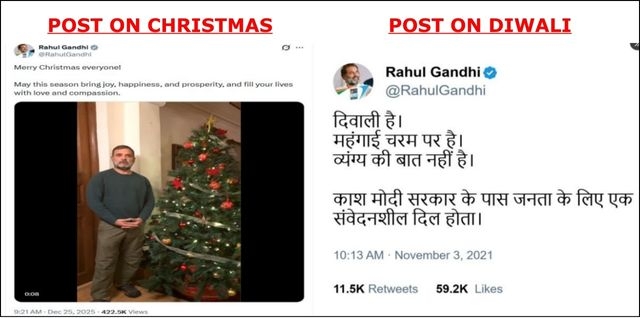 Rahul Gandhi's X (Formerly Twitter) post on both Christmas and Diwali which highlights his appeasement politics.