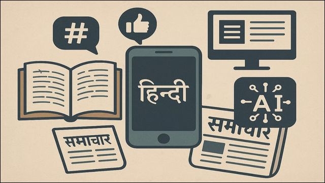 Illustration showing Hindi news, books, smartphone and AI icons representing digital journalism and social media.