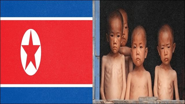 North Korean flag beside malnourished children standing together, highlighting humanitarian crisis and stark contrast imagery.