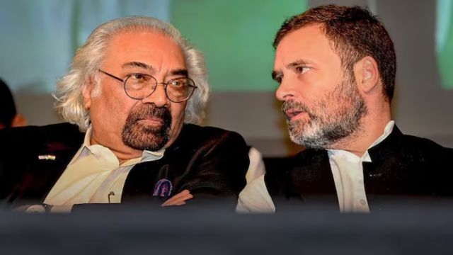 Chairman of Overseas Congress Sam Pitroda (left) with Rahul Gandhi