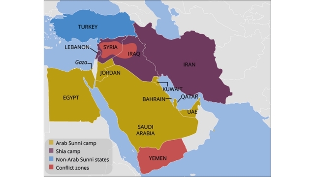 Sunni and Shia power blocs and major conflict zones across the Middle East.
